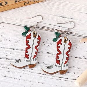 Christmas Holly Berry | Western Cowgirl Boot Dangle Earrings